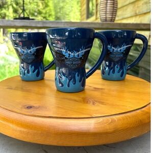 Harley-Davidson Blue Flame Declare Your Independence Coffee Mugs Set of 3 Navy